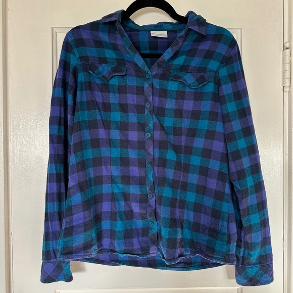 Columbia Long Sleeve Checkered Plaid Flannel Button Up Small Blue Teal Purple - Picture 1 of 5